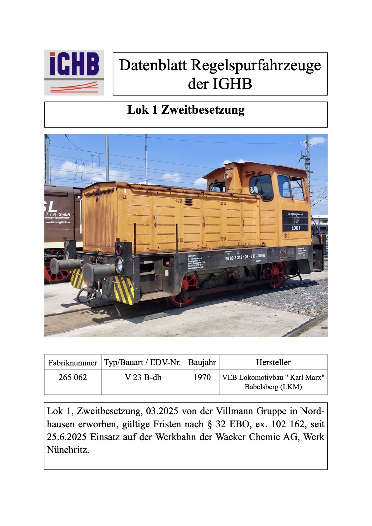 Datenblatt der Lok 1 V 23 in Zweitbesetzung