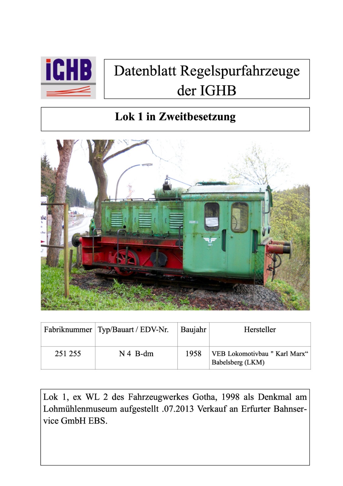 Datenblatt der Lok 1 in Zweitbesetzung 