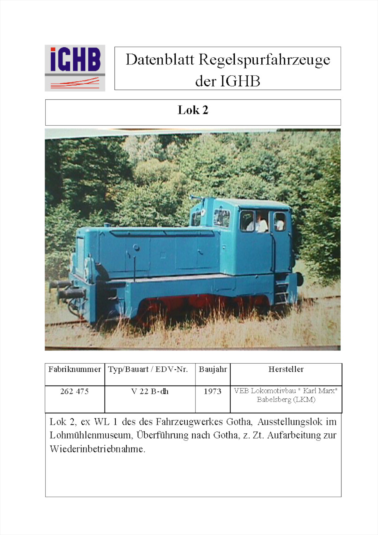 Datenblatt der Lok 2