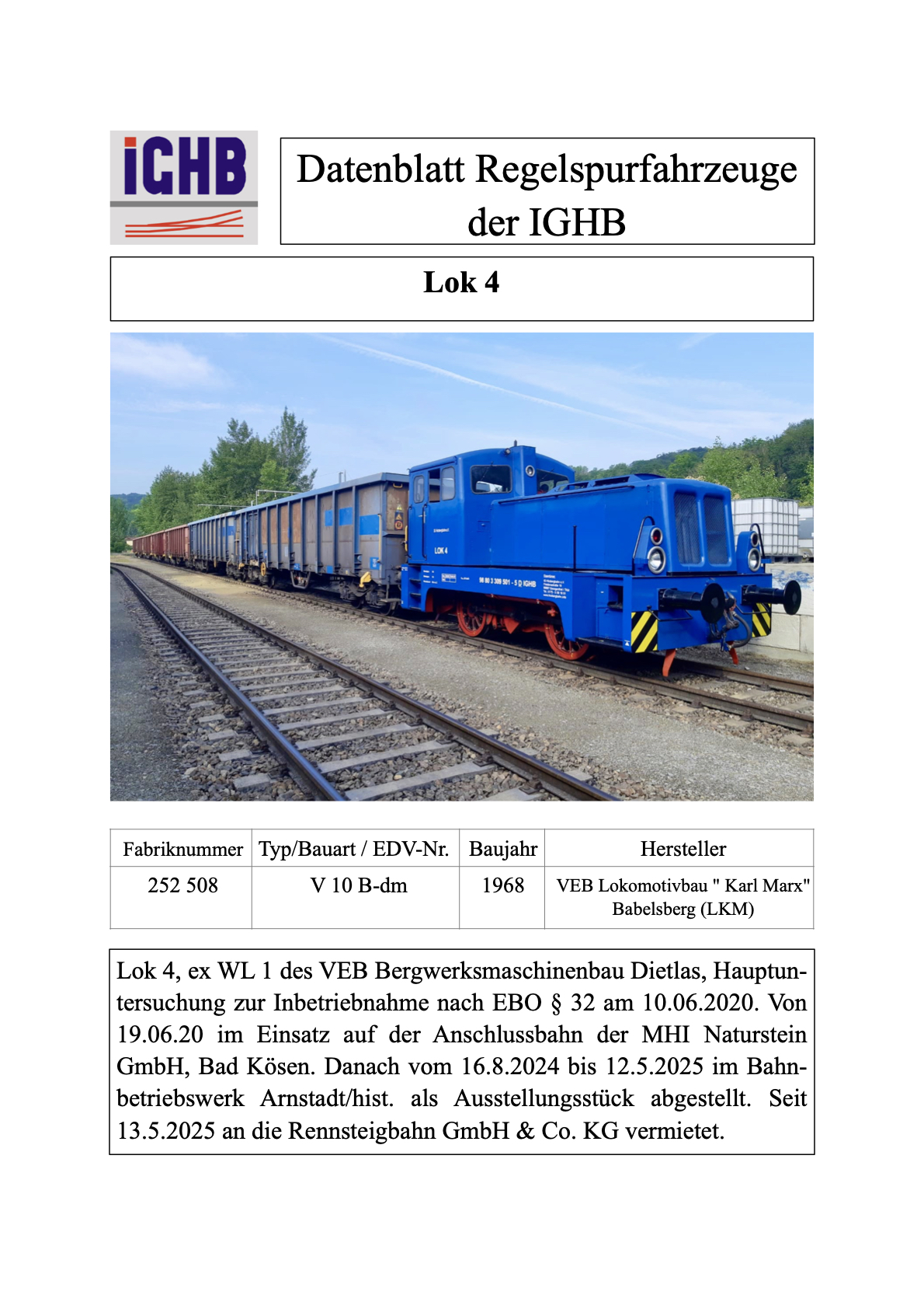 Datenblatt der Lok 4