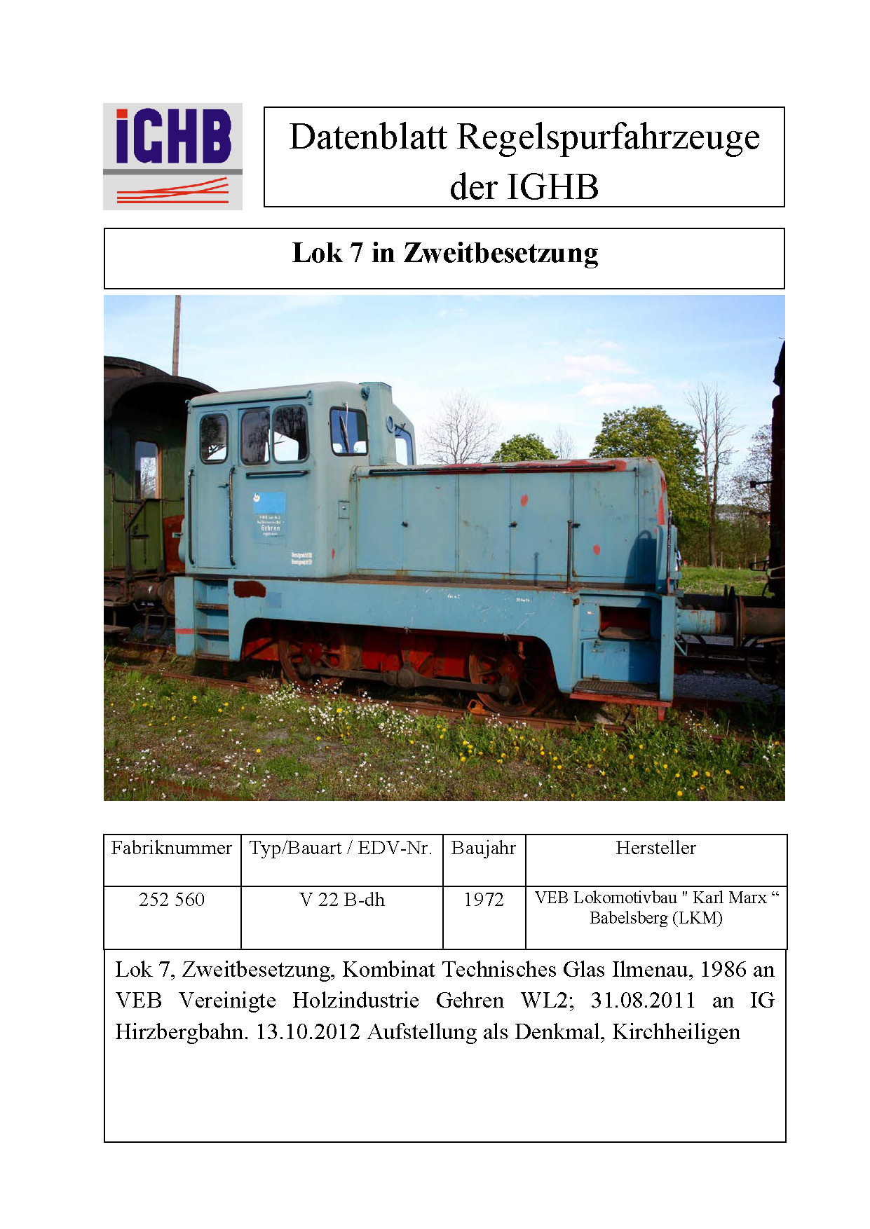 Datenblatt der Lok 7 in Zweitbesetzung