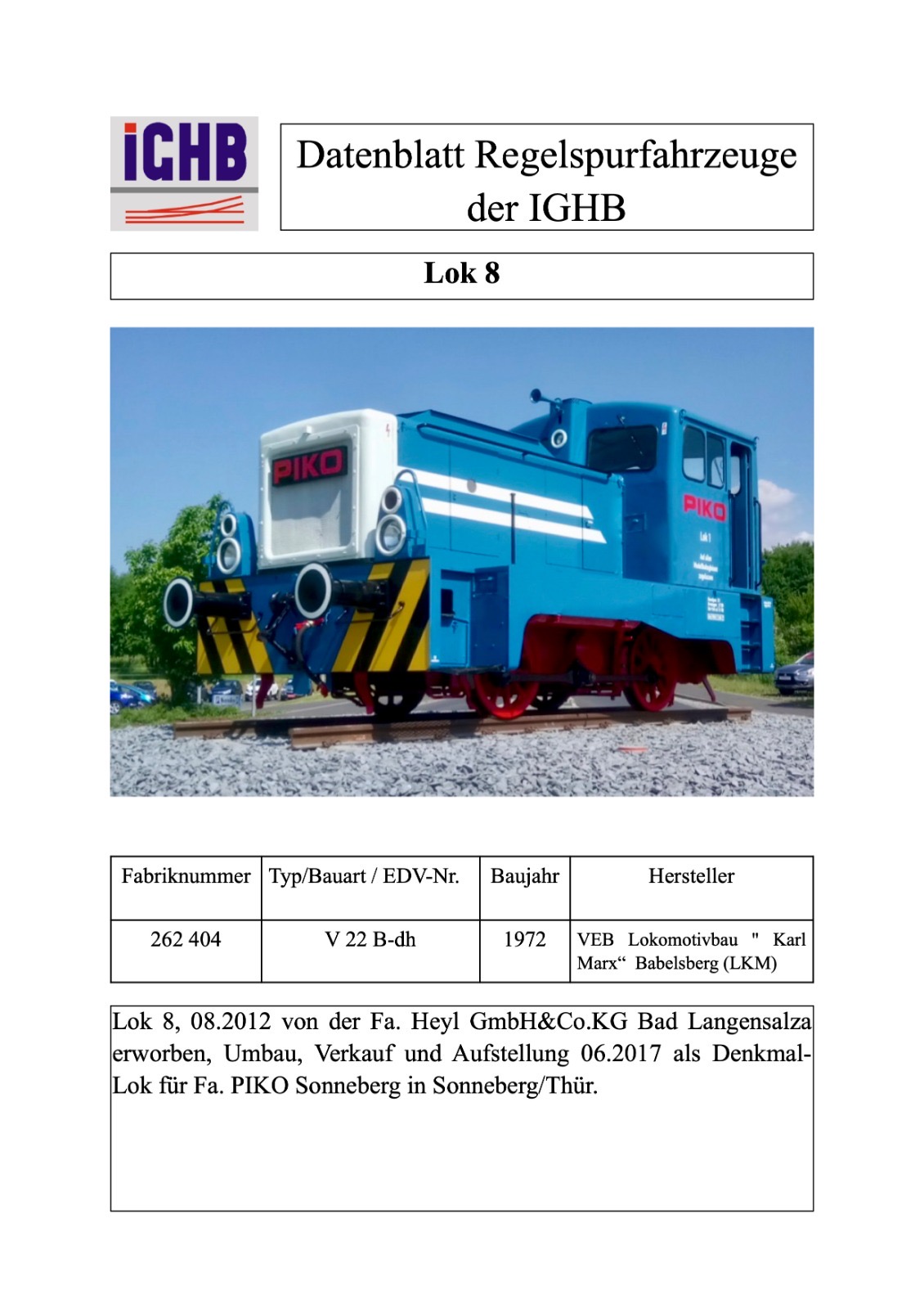 Datenblatt der Lok 8